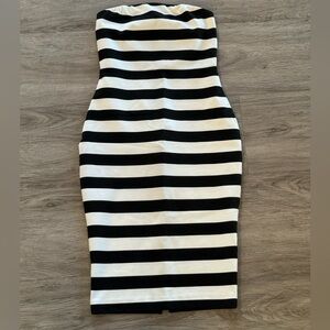 Express Black and White Striped Strapless Dress